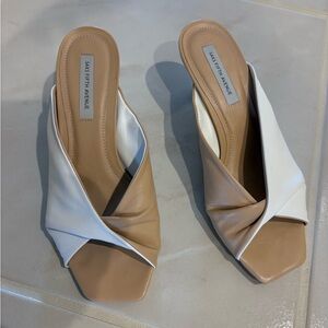 Saks Fifth Avenue Tan and White Mules